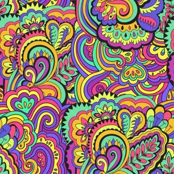 Bright psychedelic pattern with colorful curly doodle motifs. Stock Illustration
