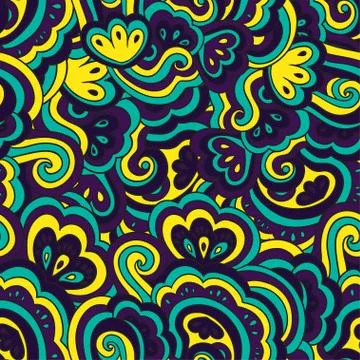 Bright psychedelic pattern with colorful curly doodle motifs. Stock Illustration