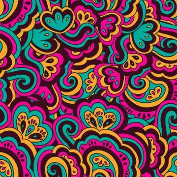 Bright psychedelic pattern with colorful curly doodle motifs. Stock-Illustration