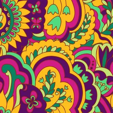 Bright psychedelic pattern with colorful curly doodle motifs. 스톡 일러스트