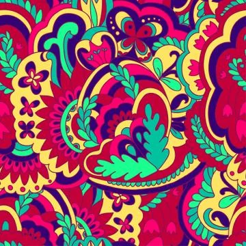 Bright psychedelic pattern with colorful curly doodle motifs. Illustrazione stock
