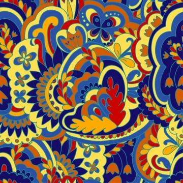 Bright psychedelic pattern with colorful curly doodle motifs. Stock Illustration