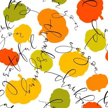 Bright pumpkin silhouettes and thin script words about thanksgiving seamless  Stock Illustration