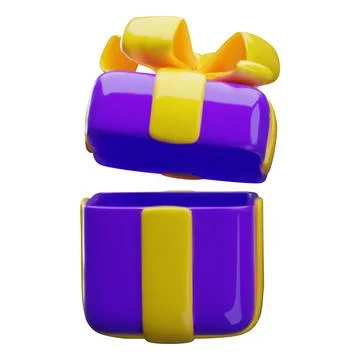 A bright purple 3D square gift box with an open lid and a yellow bow. Stock Illustration