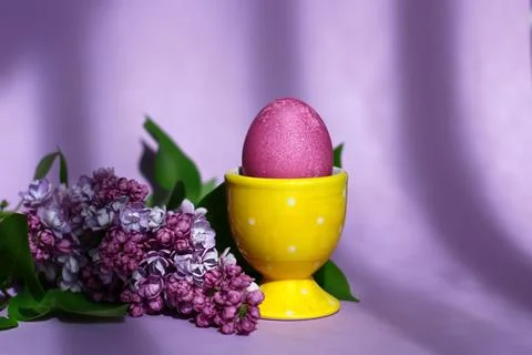 A bright purple easter egg and lilac flowers on a purple background. Easter Photos