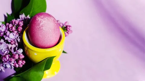 A bright purple easter egg and lilac flowers on a purple background. Easter d 库存照片