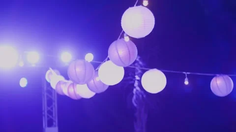Bright Purple Lanterns Hanging During Wedding Function Ceremony. Low Angle Video stock 217657336
