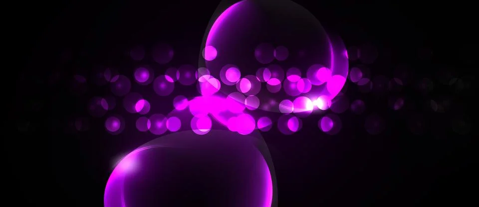 Bright purple orbs float against dark background. Sparkling lights create Illustrazione stock