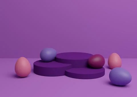 Bright purple, violet 3D rendering of Easter themed product display podium or Illustrazione stock