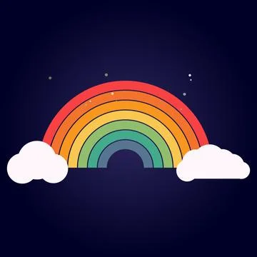 Bright rainbow arc with fluffy clouds against dark starry sky background Stock Illustration