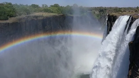 Bright Rainbow to the Left of Waterfall Stock Footage 77765911