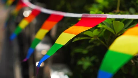 Bright rainbow-striped bunting flags hanging and waving along the street during 스톡 동영상 314246352