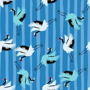 Bright random cartoon seamless pattern with white and blue crane shapes. Stri Stock Illustration