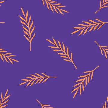 Bright random orange leaf branches seamless doodle pattern. Purple background Illustrazione stock