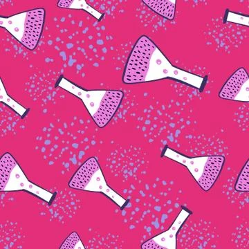 Bright random seamless pattern with lilac flask elements. Pink background wit Stock Illustration