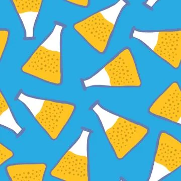 Bright random seamless pattern with yellow flask elements. Blue background. E イラスト素材