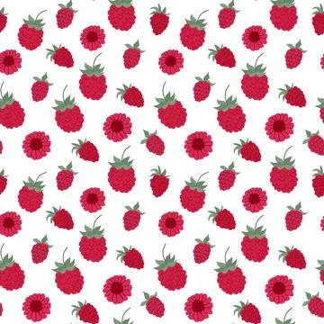 Bright raspberry and flower pattern on a white background showcasing summer.. Stock Illustration