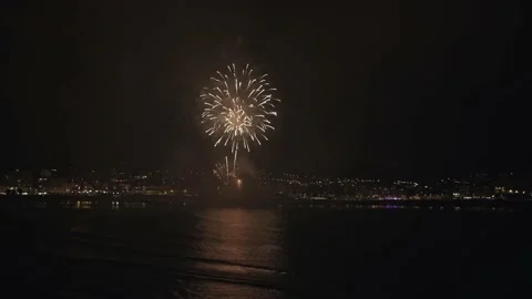 Bright rays of fireworks at night scatter in different directions near the water Stock Footage 232395524