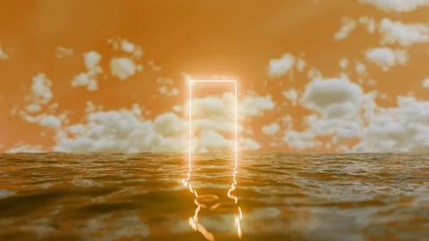 Bright rectangle floating on orange ocean under cloudy sky Illustrazione stock