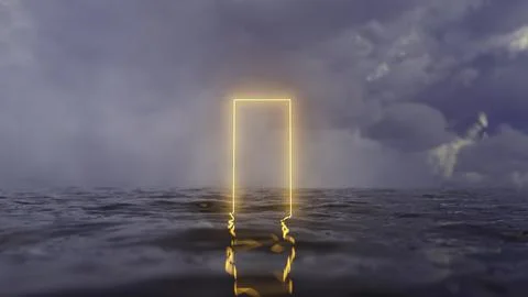 Bright rectangle floating on water surface under dark cloudy sky Stock Illustration