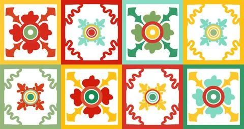 Bright rectangles of yellow, red, green tones with unusual plant elements ins Illustrazione stock