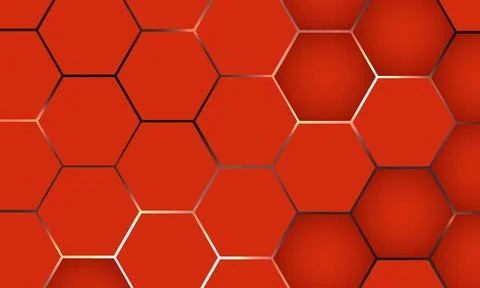 Bright red 3D hexagon abstract technology background with white flashes under Stock Illustration