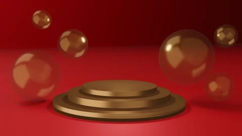 Bright red 3D render mockup with a golden podium for cosmetics, creams, lotions Stock Footage 288182762