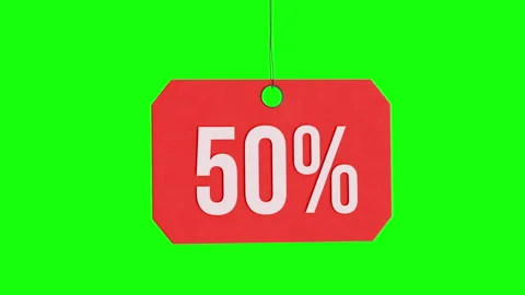 Bright Red 50% off Tag With Bold White Text for High Visibility on a Green BG Stock Footage 318526139