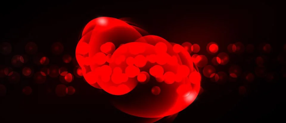 Bright red abstract form dominates dark background. Numerous small circles Stock Illustration
