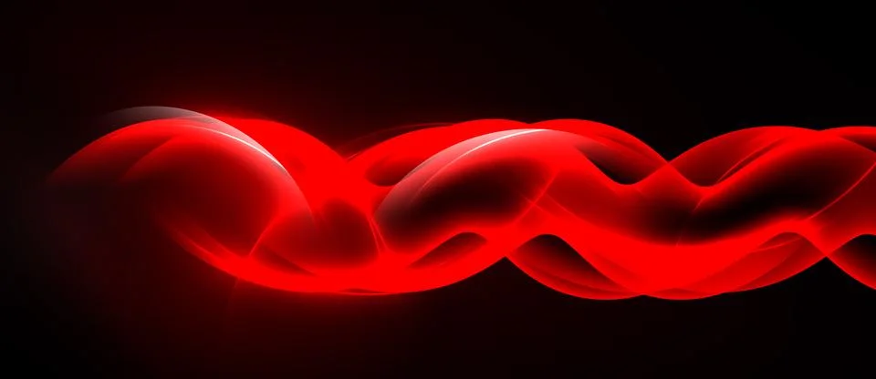 Bright red abstract waves flow across black background. Dynamic curves create Stockillustratie