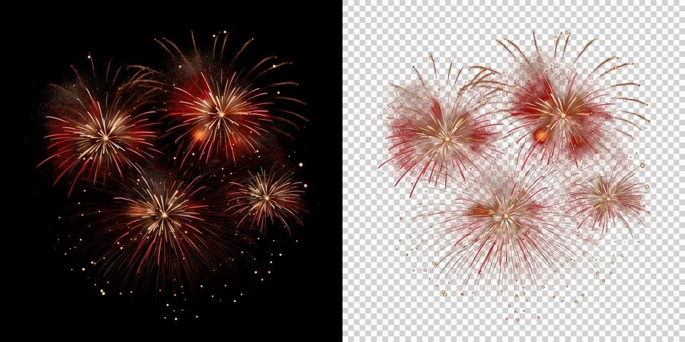 Bright red and gold firework bursts isolated on white and black backgrounds.. Illustrazione stock