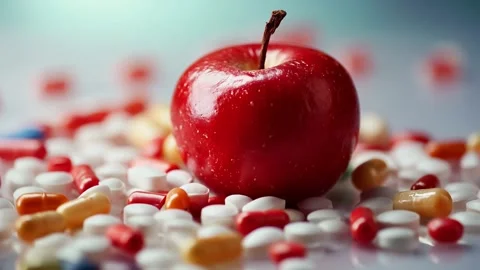 Bright red apple placed on assorted colorful pills and dietary supplements on a Stock Footage 302429110