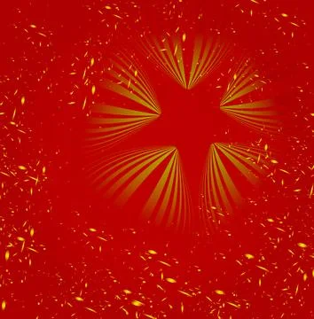 On a bright red background there is a star and many golden flying elements. Stock Illustration