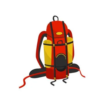 Bright red backpack with two hiking mats. Large bag for adventurer. Flat vector Stock Illustration