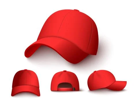 Bright red baseball cap mock up set from different angles Stock Illustration