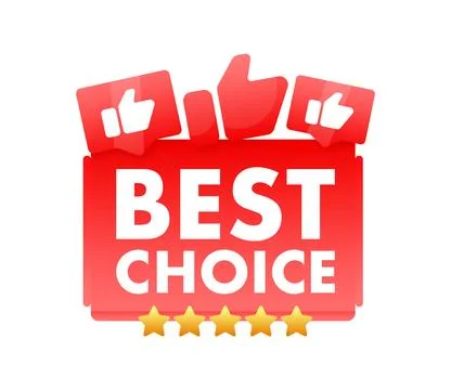 Bright red BEST CHOICE vector label with thumbs up and golden stars, symbolizing Иллюстрация