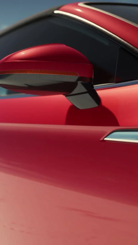 Bright red car with shiny side mirror parked in sunny weather Vidéo 337975646