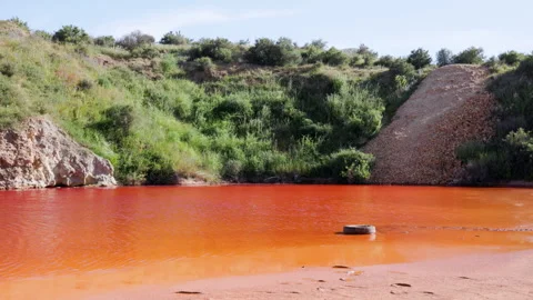 Bright Red Contaminated Lagoon Surrounded by Green Vegetation and Mining Debris Video stock 308663283