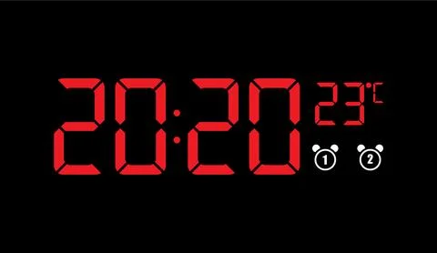 Bright red digital clock interface displaying time and temperature on dark 库存插图