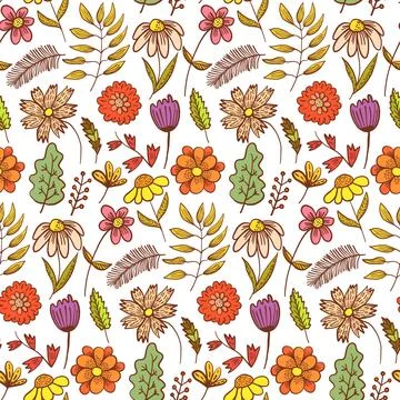 Bright red doodle floral pattern with flowers Stock Illustration