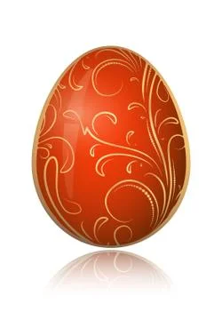 Bright red Easter egg with golden decorative floral branch. Vector illustrati 库存插图