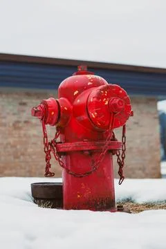 Bright red fire hydrant stands in snow near building with brick wall and bl.. Stock Photos