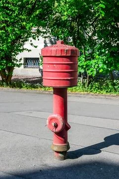Bright red fire hydrant stands tall on a paved street with lush green trees.. Stockfoto's