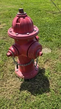 Bright red fire hydrant surrounded by green grass under a sunny sky, showca.. Stock Photos