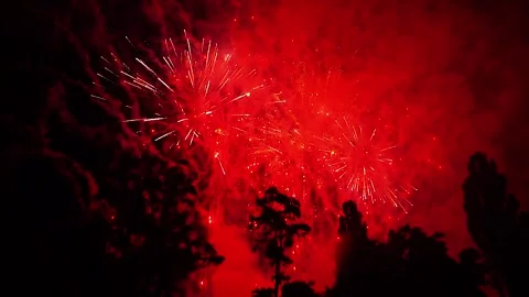 Bright, red fireworks explode in night sky. Large pyrotechnic fireworks, fire Stock Footage 314560343
