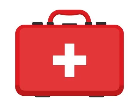 This bright red first aid kit is perfect for home, travel, and outdoor advent Stock Illustration