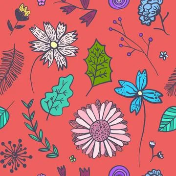 Bright red floral pattern with colorful flowers Stock Illustration