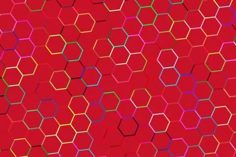 Bright red hexagon pattern with rainbow-colored outlines Stock Illustration