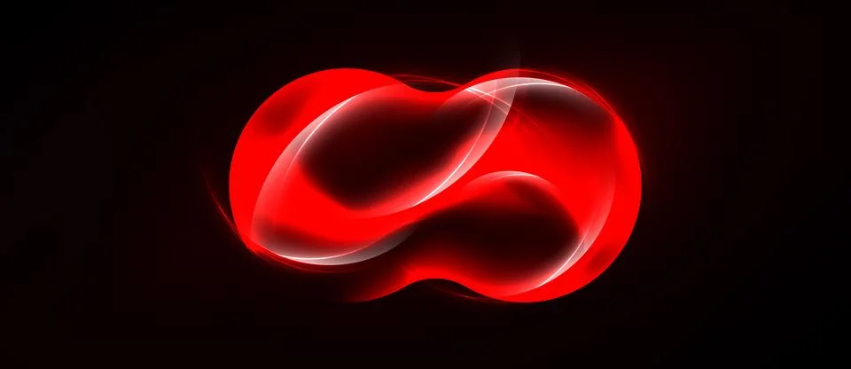 Bright red infinity symbol glows against black background. Smooth curves crea 库存插图