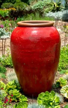 Bright Red, Large Ceramic Jar Garden Decoration Stock Photos